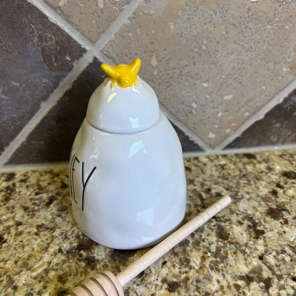 Rae Dunn HONEY Pot w Wooden Dipper Honey Jar Yellow Honey Bee Artisan Collection - Picture 4 of 8